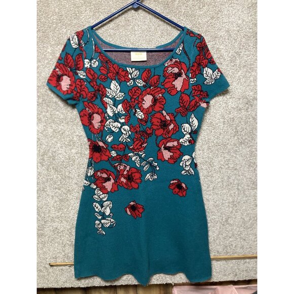 Anthropologie Dresses & Skirts - Maeve By Anthropologie Floral Knit Dress Medium Teal & Red Short Sleeve Scoop Ne